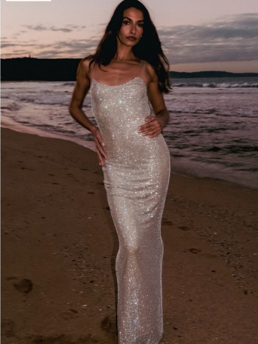 Meshki Jasmyn Hot Fix Maxi Dress with Mesh Back - Nude - Sparkling Sequin